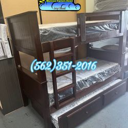 Triple Brown Bunk Bed With Mattresses Included New 