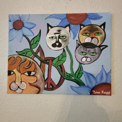 Cat Abstract Painting Floating Cat Heads 11x14 Canvas 