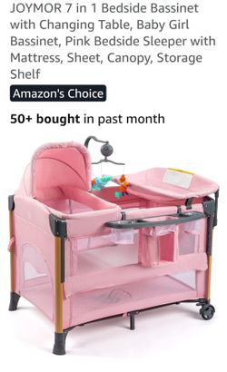 JOYMOR 7-in-1 Pink Bedside Bassinet with Changing Table