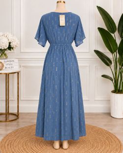 Blue Maxi Dress with Gold Metallic Print one size xs to large