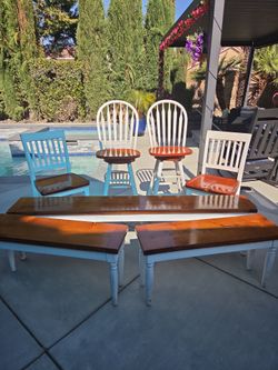 6 Piece Wood Dining Set 2 Chairs, 2 Benches and 2 Bar Swivel Stools.