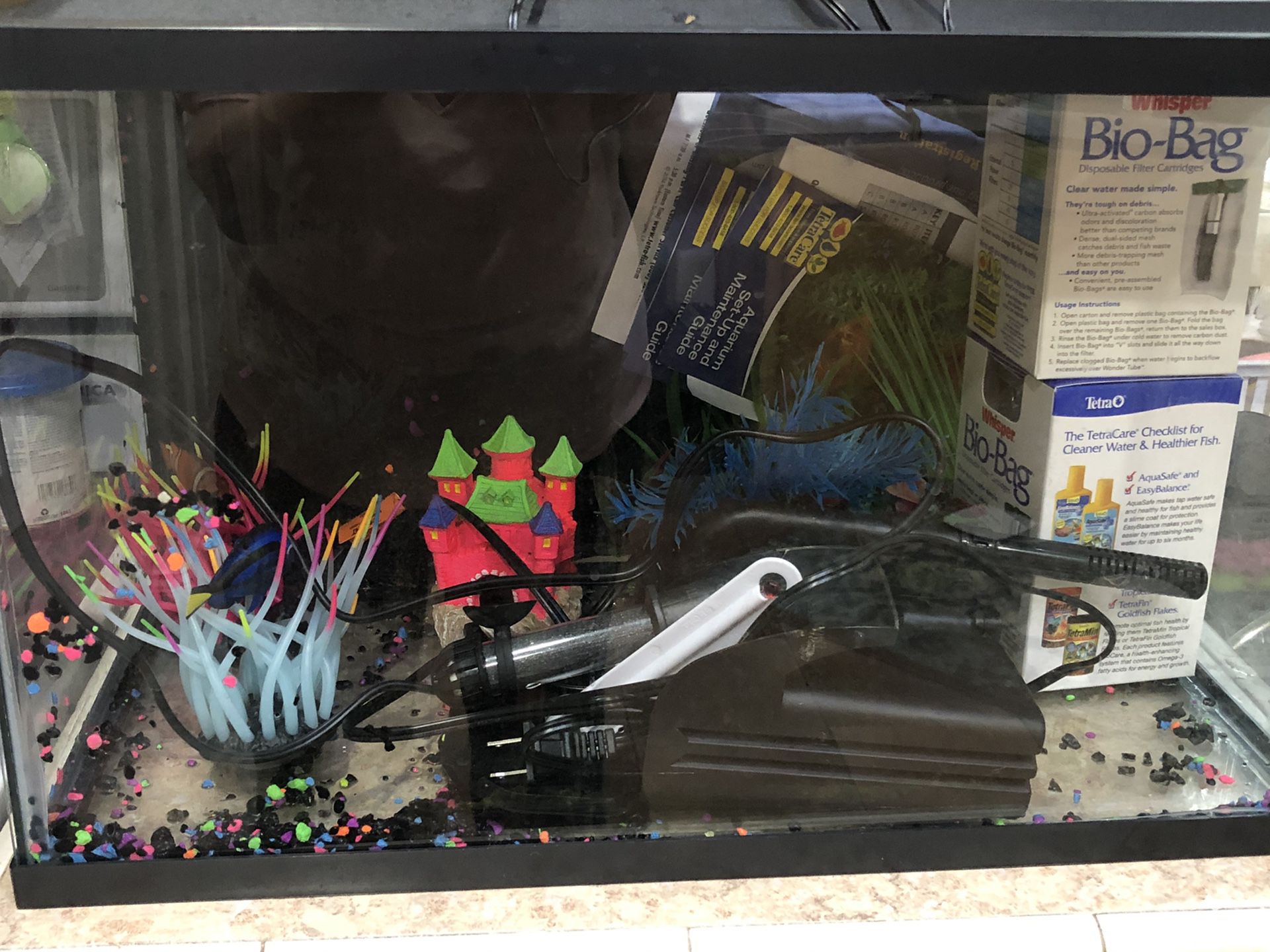 10 gal tank set up for glo fish. Including filter, heater, thermometer, gravel and decorations.