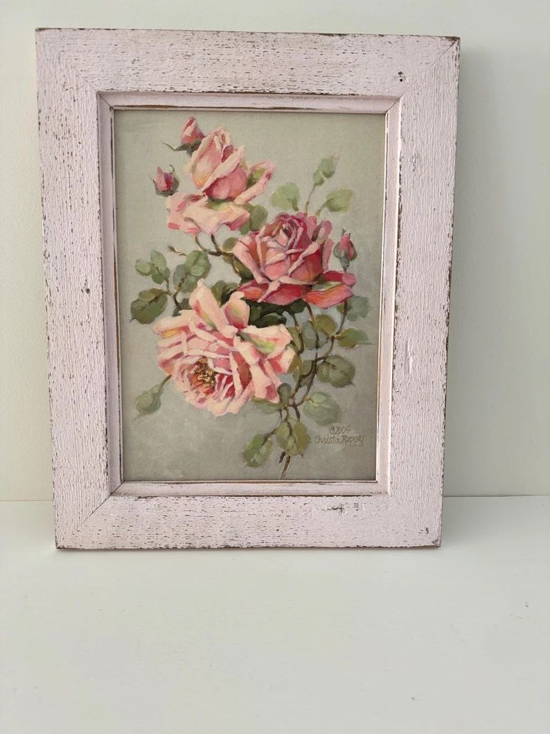 Christie REPASY pink ROSES Print in SHABBY chic soft pink wood frame. Rare find! Signed & dated by artist!