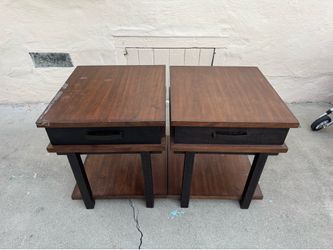 Pair of Two-Tone Wood Nightstands with drawers   There are some minor double-sided tape marks on one of the edge of the table, as shown in the picture