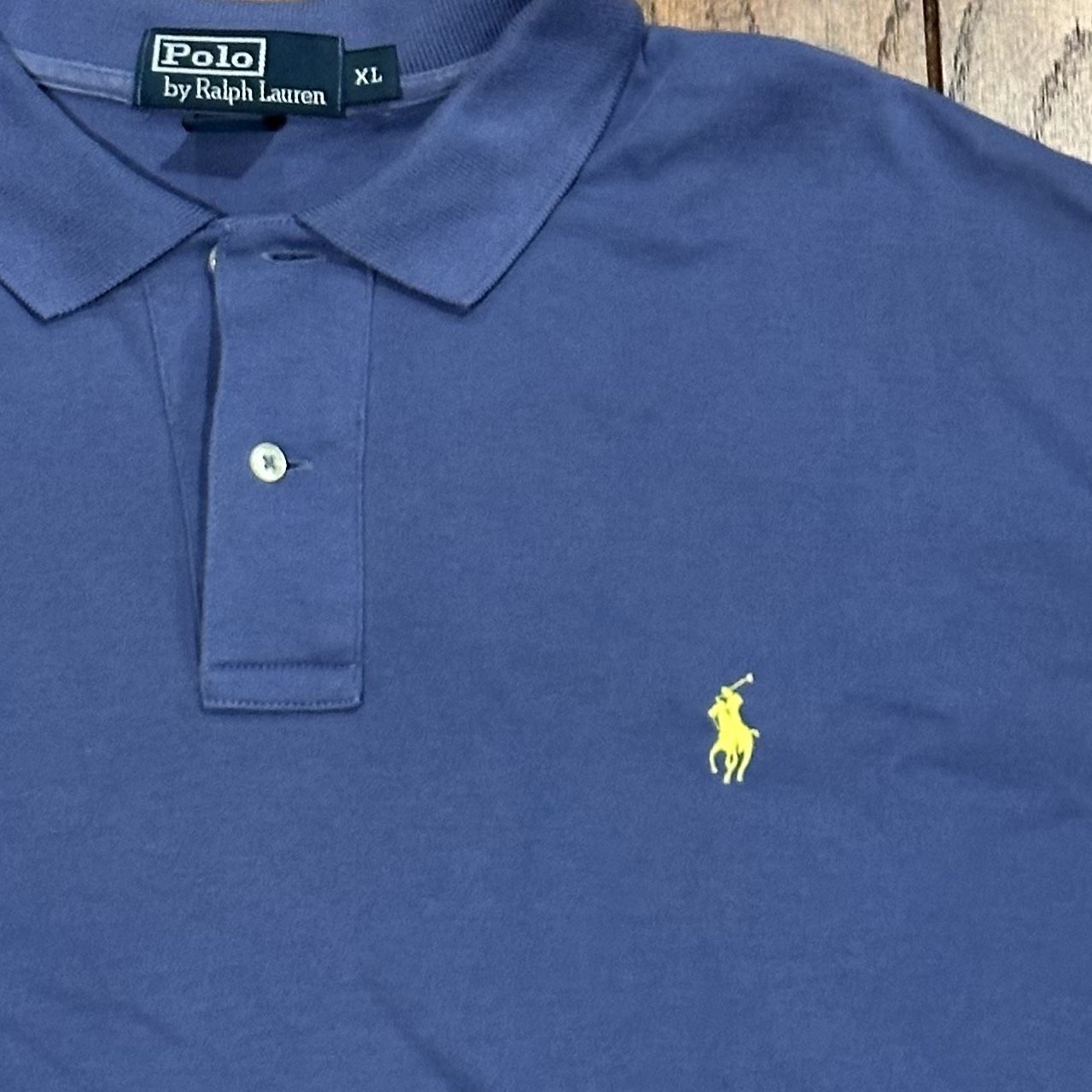 🚙 BLUE Shirt YELLOW PONY Men’s XL Ralph Lauren POLO Short Sleeve Collared Collar Button Dress Work Shirt