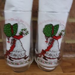 Two Vintage Coca-Cola Holly Hobbie Christmas-Themed Drinking Glasses Limited Edition by American Greetings, Corp.