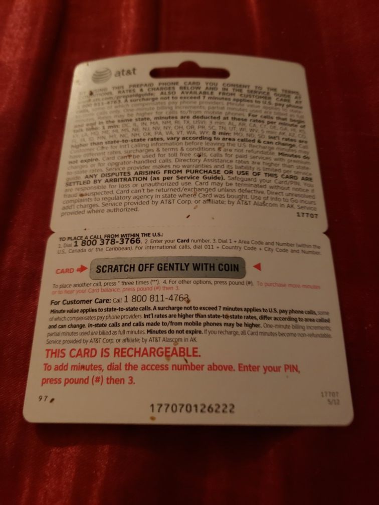 AT&T 60 MIN. PRE-PAID PHONE CARD N RELOADED N REUSABLE 2!!!!!!!!!!!!!!!!!