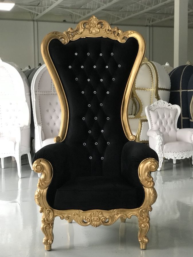 Free nationwide delivery | Gold leaf black velvet throne chair king queen princess royal baroque wedding event party photography hotel lounge boutiqu