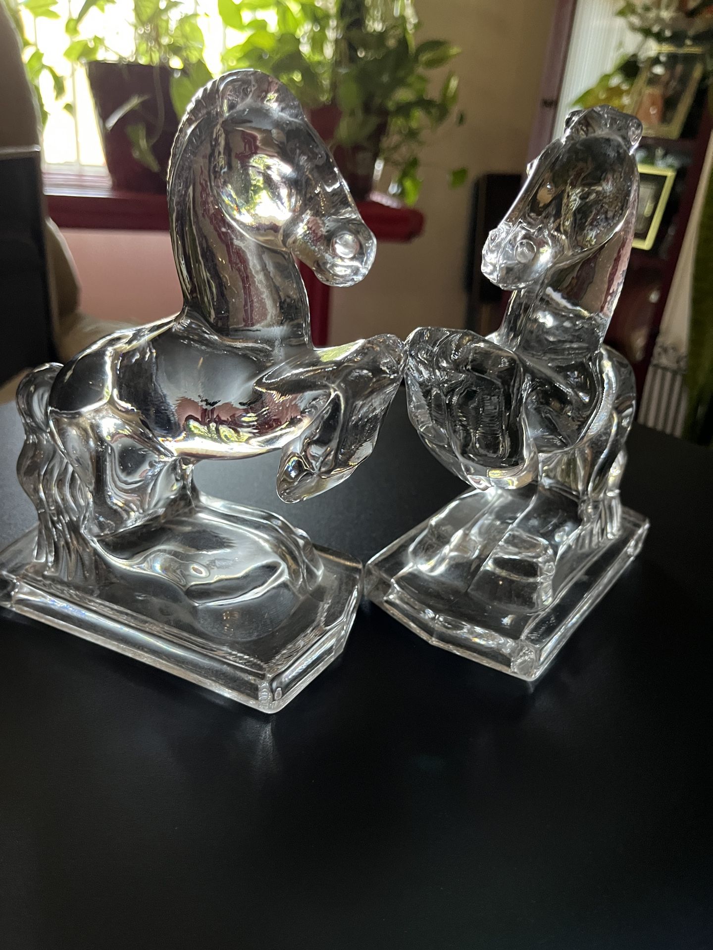 Vintage Rearing Horses Clear Glass Bookends