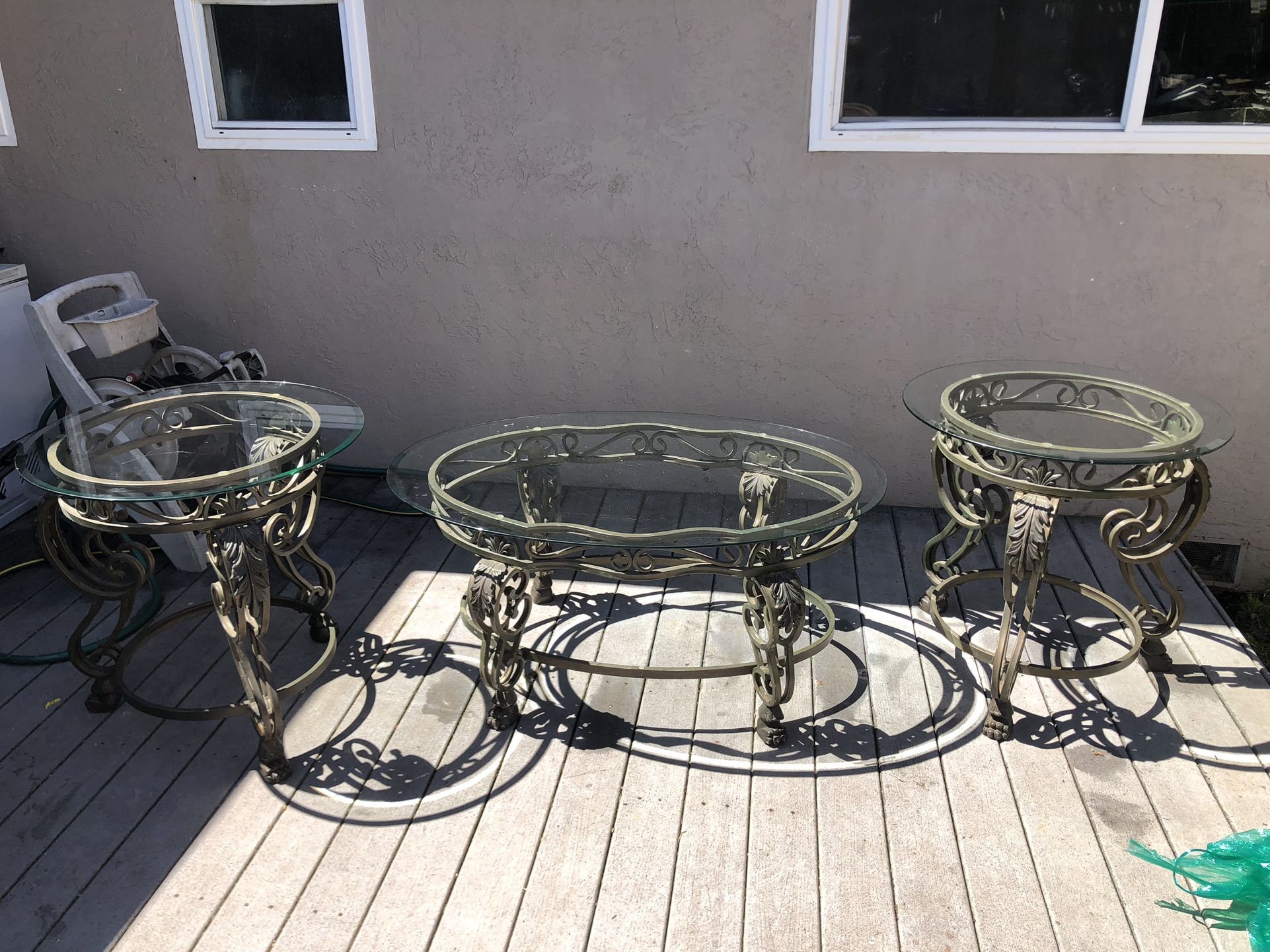 Bronze HEAVY Wrought Iron Sofa Table and End Tables with Thick 1" Tempered Glass Top Contemporary Clean Look - Set of 3