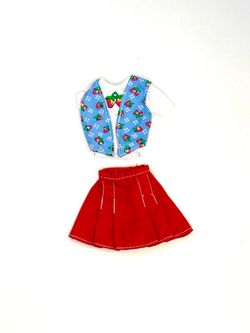 White Shirt with Attached Blue Strawberry Vest and Red Skirt from Vintage 1995 Mattel “Shoppin’ Fun Barbie & Kelly Playset #15756”