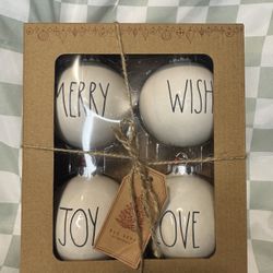 Rae Dunn Christmas Ornament Set – Merry, Wish, Joy, And Love – 4 Piece Boxed Set