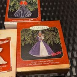 Set of three vintage Hallmark black/African American Barbie ornaments, unopened, new in box NIB