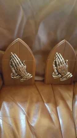 Vintage Bookends Praying Hands Wood & Brass with Red Felt on Bottom