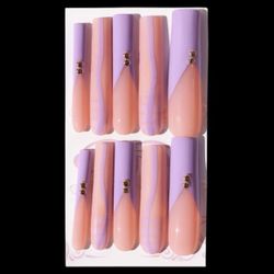 Lavender Peach Ombre Coffin Extra Long Press-On Nails with Stud Accents