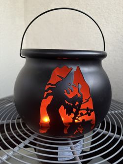 Black Cauldron With Witch Silhouetted LED Red Dancing flames