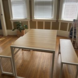Blonde Wood Table and Benches Set