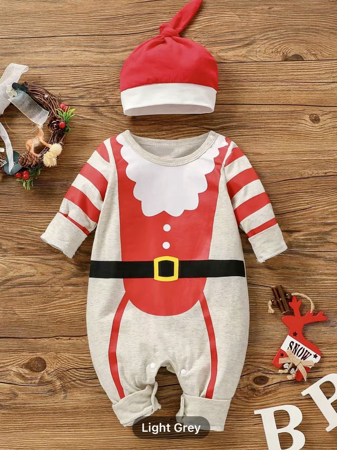 2 PCs Christmas Print, Long Sleeve Romper With Hat ,Size 3-6 Month