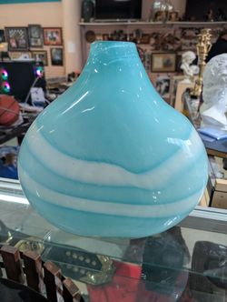 Vintage Turquoise Opaline Hand Blown Art Glass Vase Mid Century Modern Decor