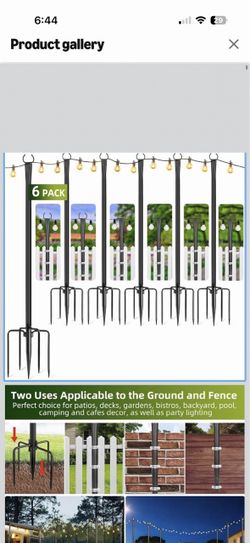 String Light Poles for Outside, 6 Pack 10 ft Adjustable Light Poles Heavy Duty, Weather Resistant, 5 Prong Stable Base, Ground & Fence Mount, Fence Cl