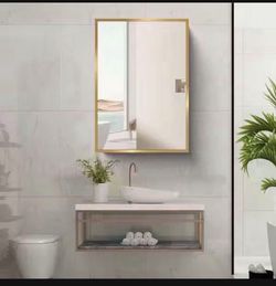 New 16 in. W × 28 in. H Rectangular Gold Metal Mirrored Medicine Cabinet. Recessed or Surface Mount for Bathroom