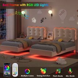 Twin Size Floating Bed Frame with Led & Charging station, Velvet upholstered bed frame with Ajustable Crystal Button Tufted Headboard, White