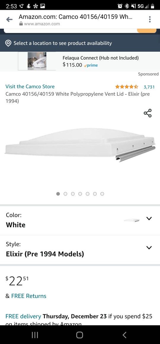 Camco 40156/40159 White Polypropylene Vent Lid - Elixir (pre 1994)