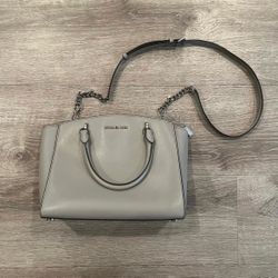 Michael Kors Ellis Large Leather Satchel Purse (Pearl Grey)