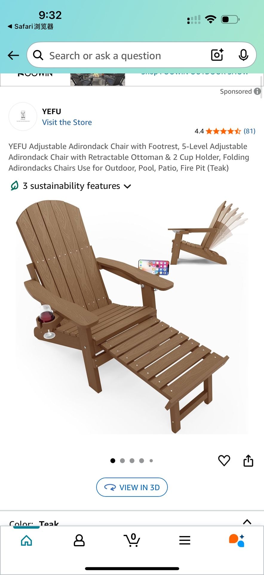 YEFU Adjustable Adirondack Chair with Footrest, 5-Level Adjustable Adirondack Chair with Retractable Ottoman & 2 Cup Holder, Folding Adirondacks Chair