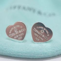Tiffany & Co. Sterling Silver Return To Mini Heart Diamond Stud Earrings