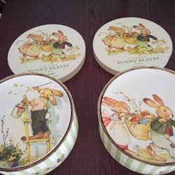 One Set of Four Each World Market Vintage Bunny Plates