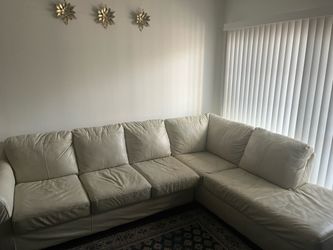 Large L-Shaped Cream Leather Sectional Sofa
