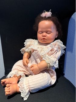 Vintage Berenguer Sleeping Baby Doll Weighted Cloth Body Brunette Pink Lace Outfit