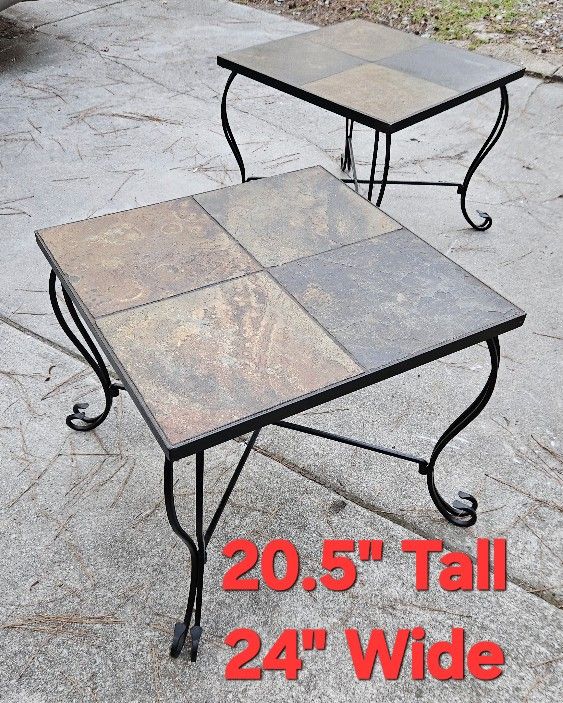 TWO SLATE TILE TOP PATIOSIDE TABLES WITH SCROLL FEET(EXCELLENT CONDITION)