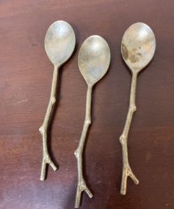 Vintage MICHAEL ARAM Botanical Leaf Twig Dessert spoons Set of 3 Silver plated Rare