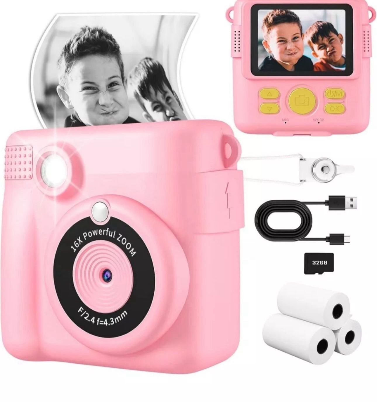 Instant Print Camera for Kids with 3 Rolls of Printer Paper, 1080P Toddler Digit