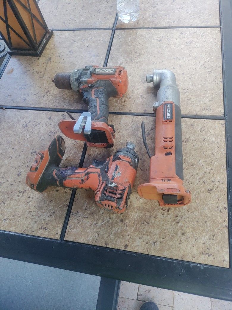 Ridged 18volt Used 1 Impact 1 Reg Drill 1 12 Volt Rt Angle No Batteries Tools Only