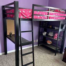 Twin Sized Loft Bed With Desk & Bookshelves
