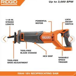 RIDGID
18V Cordless Reciprocating Saw (Tool Only)