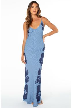 Roxy Maxi Dress M Blue Floral V-Neck Strappy Back Button Tie Long