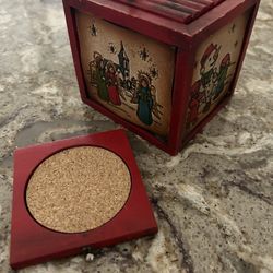 Vintage Wooden  Box With 4 Leather Inset Sides And 8 Wood and Cork Coasters