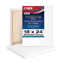  U.S. Art Supply 18 x 24 inch Stretched Canvas 12-Ounce Triple Primed, 3-Pack - Professional Artist Quality White Blank 3/4" Profile, 100% Cotton, Hea