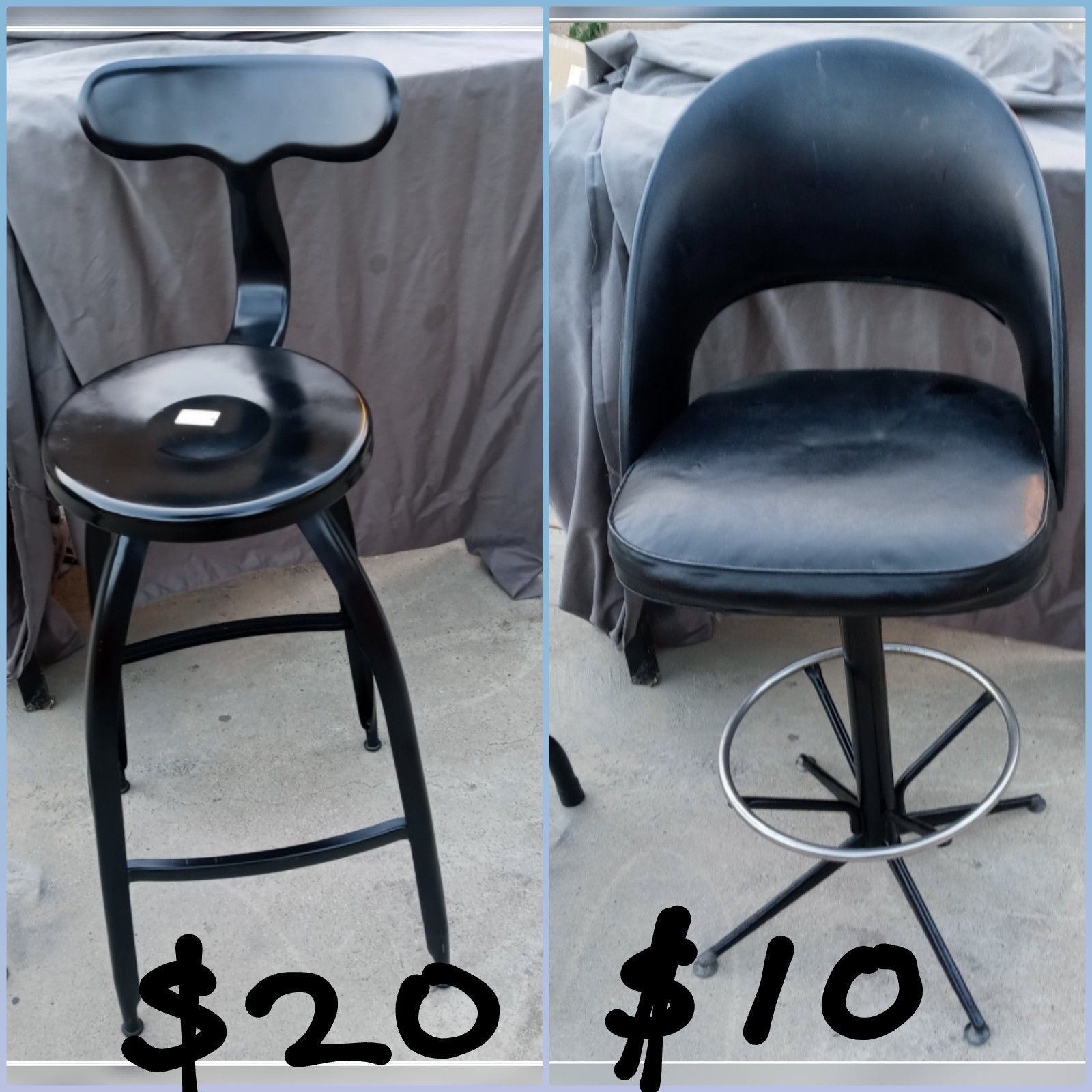 TWO BLACK TALL BAR CHAIRS THE FIRST ONE IS ALL METAL $20 AND THE SECOND ONE SWIVELS $10