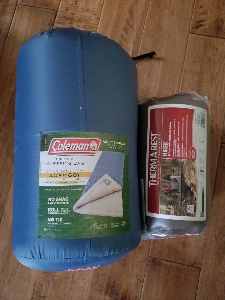 Coleman sleeping bag and Thermarest camp mattress.
