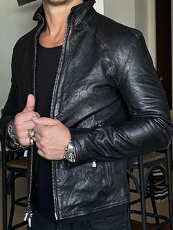 New John Varvatos Leather Jacket Black Size 48