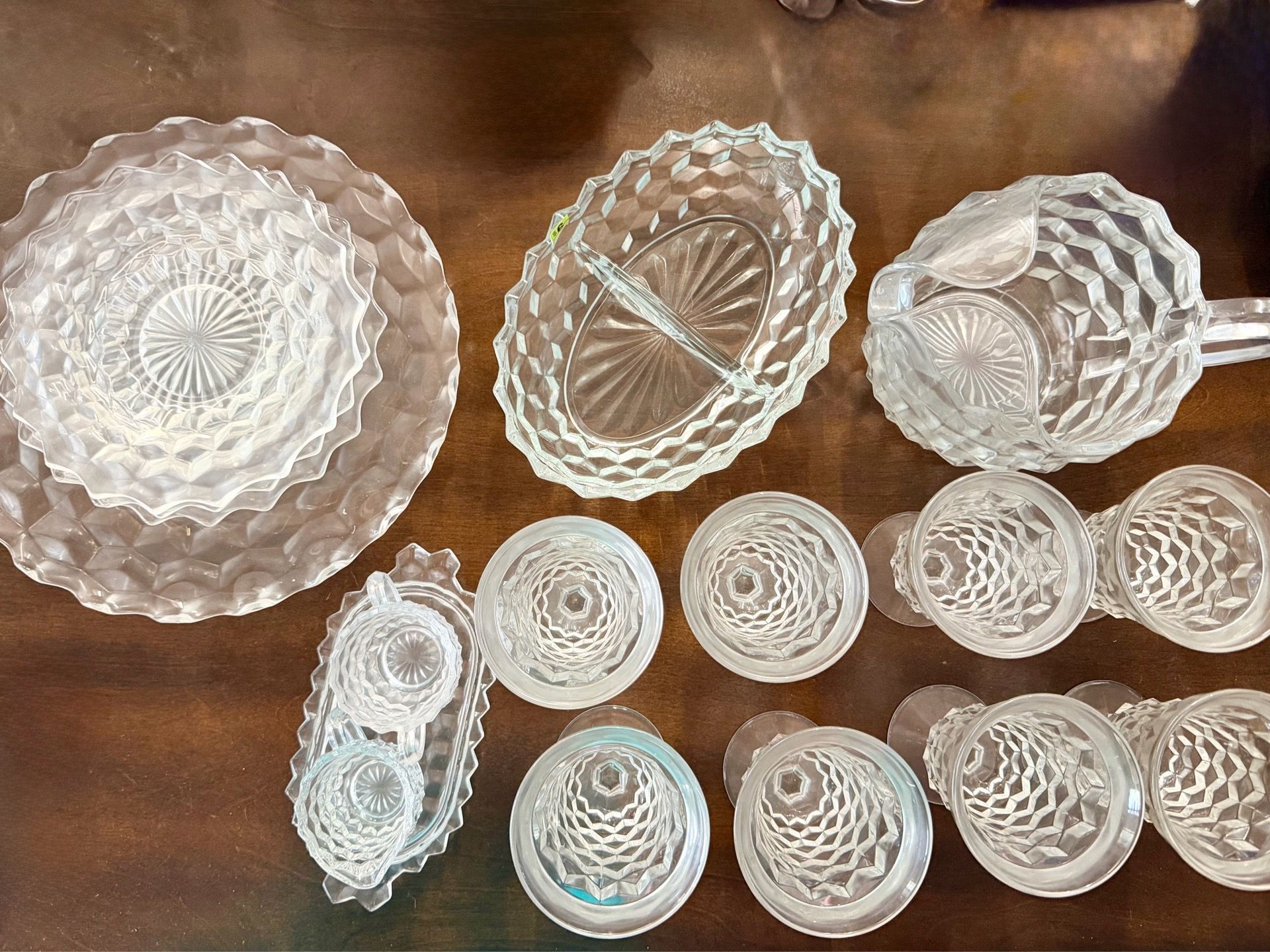 17 Piece Vintage Fostoria American Cubist Design Glassware ~ Pitcher, Cups, Serving Dishes, Etc..