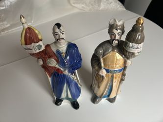 Two Vintage Ukrainian Porcelain Bottles Decanters, Get’man, Cossacks with Vodka/Gorilka.