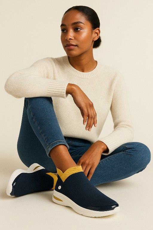 Stylish Navy & Mustard Slip-On Knit Sneakers | Lightweight Comfort Walking Shoes | Casual Fashion Tr