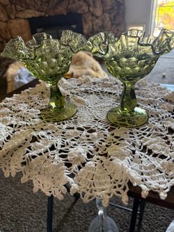 Green Fenton Green Glass Ruffled Compote Dishes Set of 2