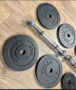 Set Of Cast Iron Standard (1.2 Inch) Dumbbells With 4 Weight Plates Of 10,  And 4 Of 5  Pounds.